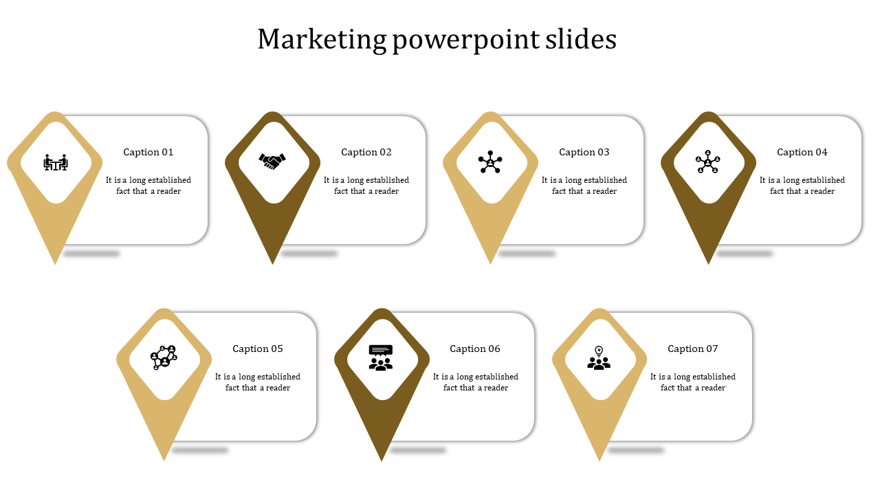 Marketing PowerPoint slide with eight sections, each featuring an icon and caption, connected by diamond shaped arrows.