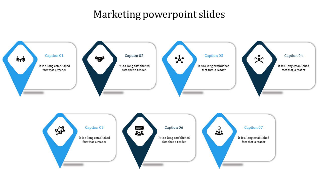 Marketing slide with seven diamond pointers in blue and navy hues, featuring icons and text on a white background.