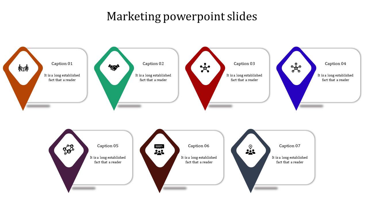 Marketing slide with seven diamond shaped pointers in orange, green, red, blue, purple, brown, and gray, with icons.