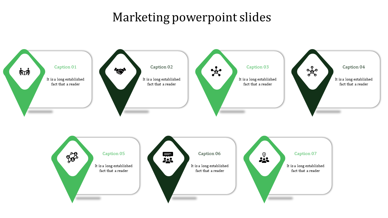 Marketing PPT slide with seven sections, each with a diamond shape and a caption representing different business icons.