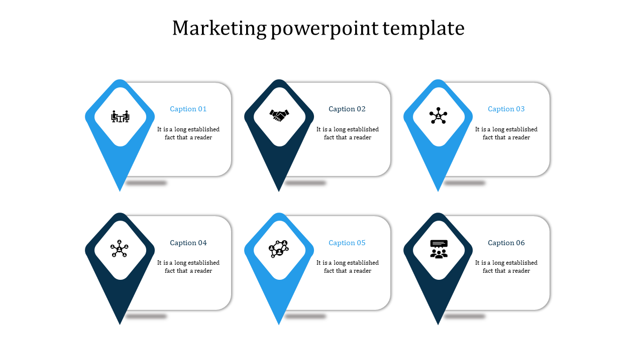 Marketing slide with six blue and navy pointers, each containing icons and captions, arranged in two rows.