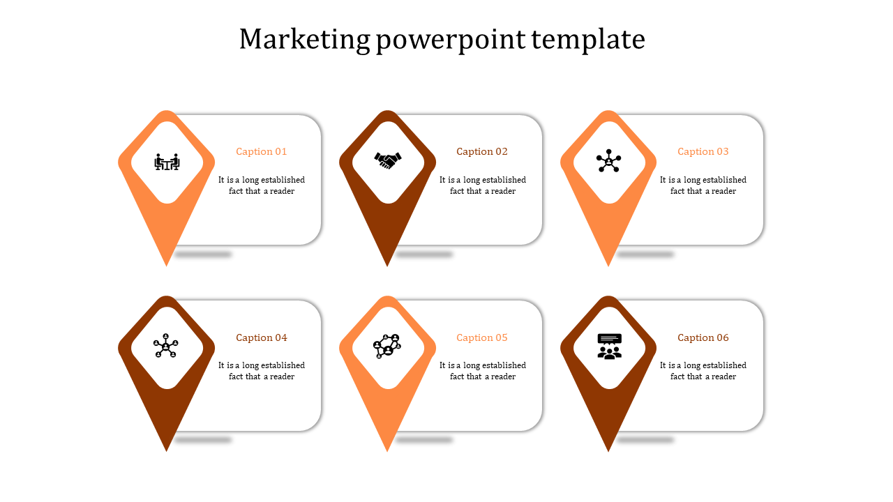 Marketing template with six orange and brown location pin markers, each connected to a rectangular text box.