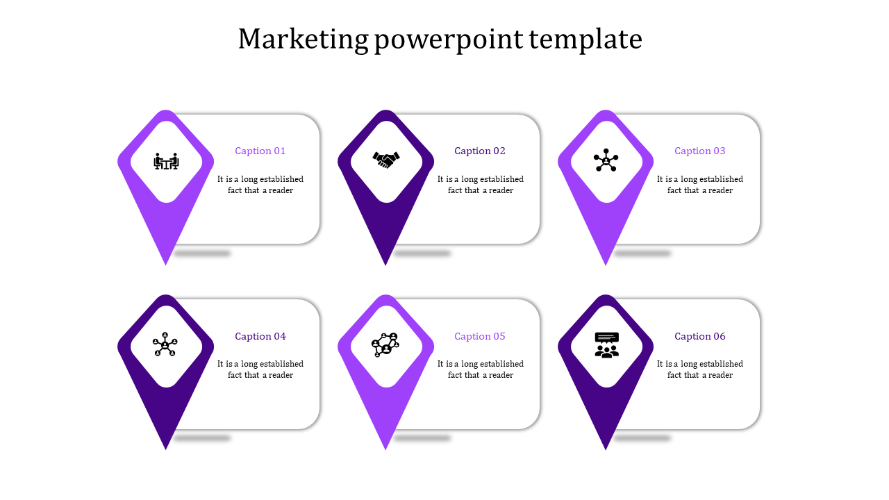 Marketing template with six purple and violet location pin markers, each connected to a rectangular text box and caption.