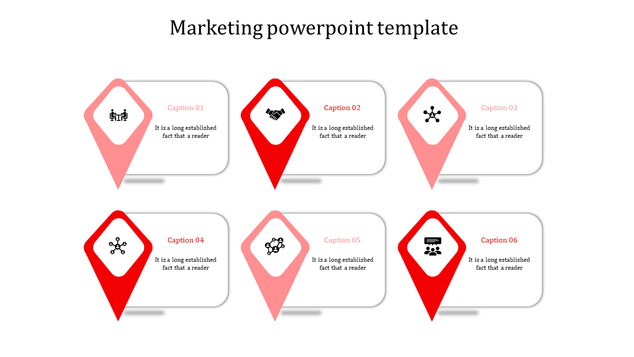 Modern marketing slide with six diamond-shaped pointer elements in varying red shades, each linked to a rectangular text box.