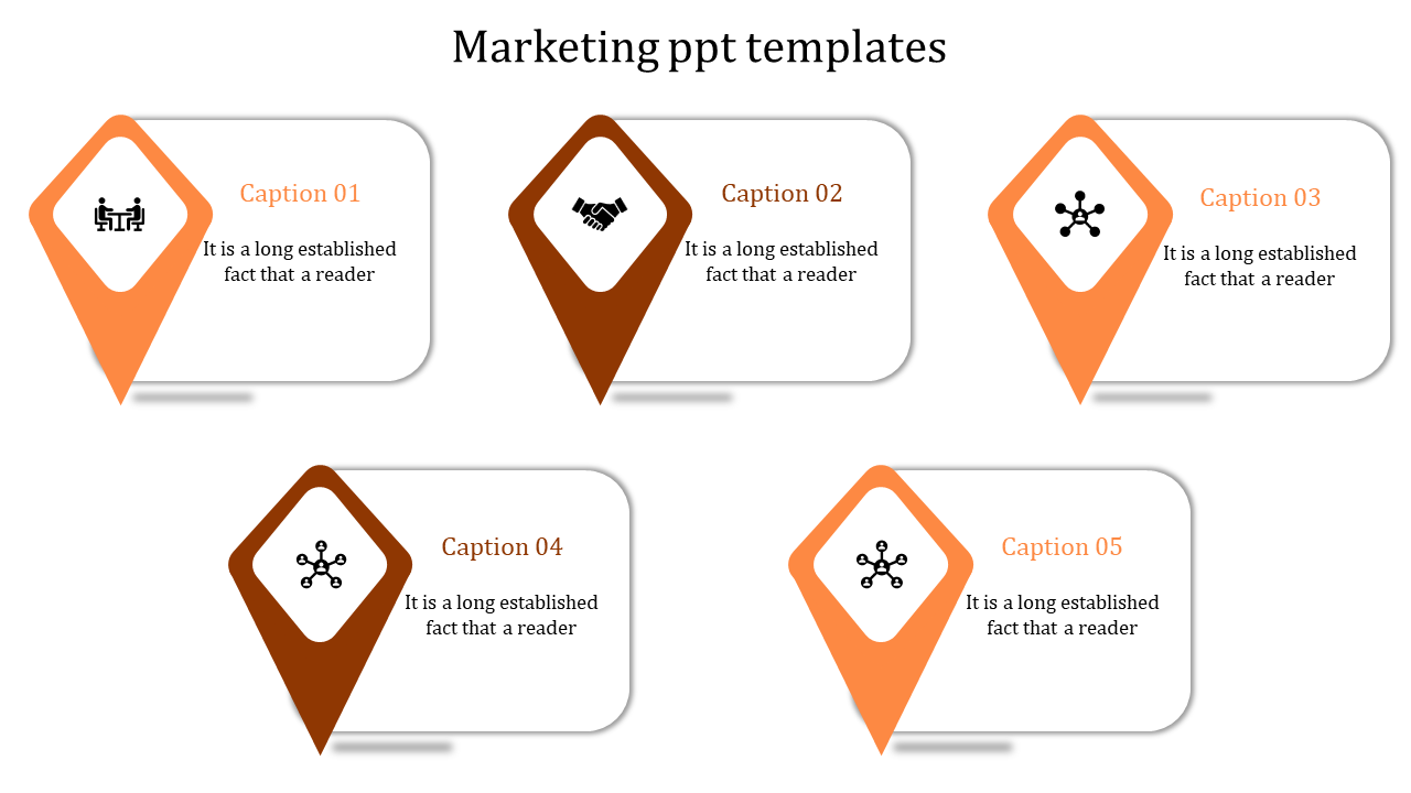 Marketing PowerPoint template featuring five colored orange diamond shaped icons with corresponding captions.