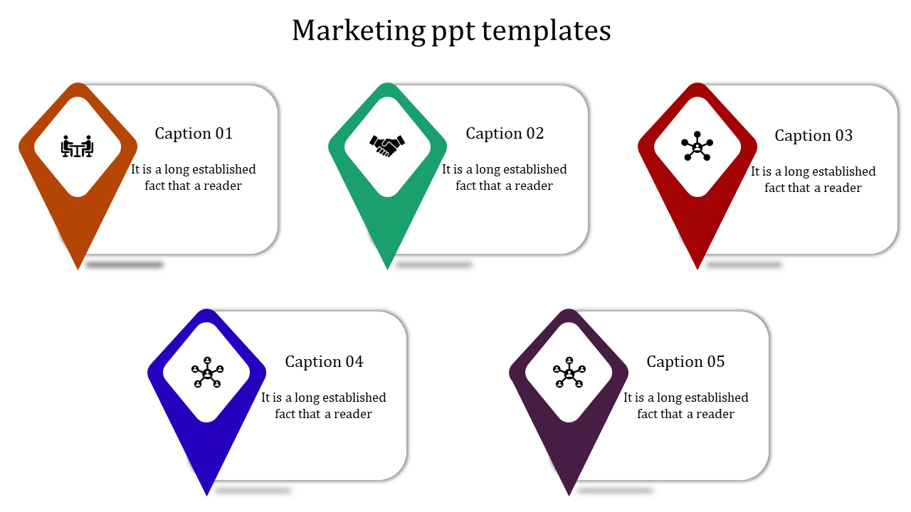 Marketing slide with five colored pointers in orange, green, red, blue, and purple, each featuring icons and captions.