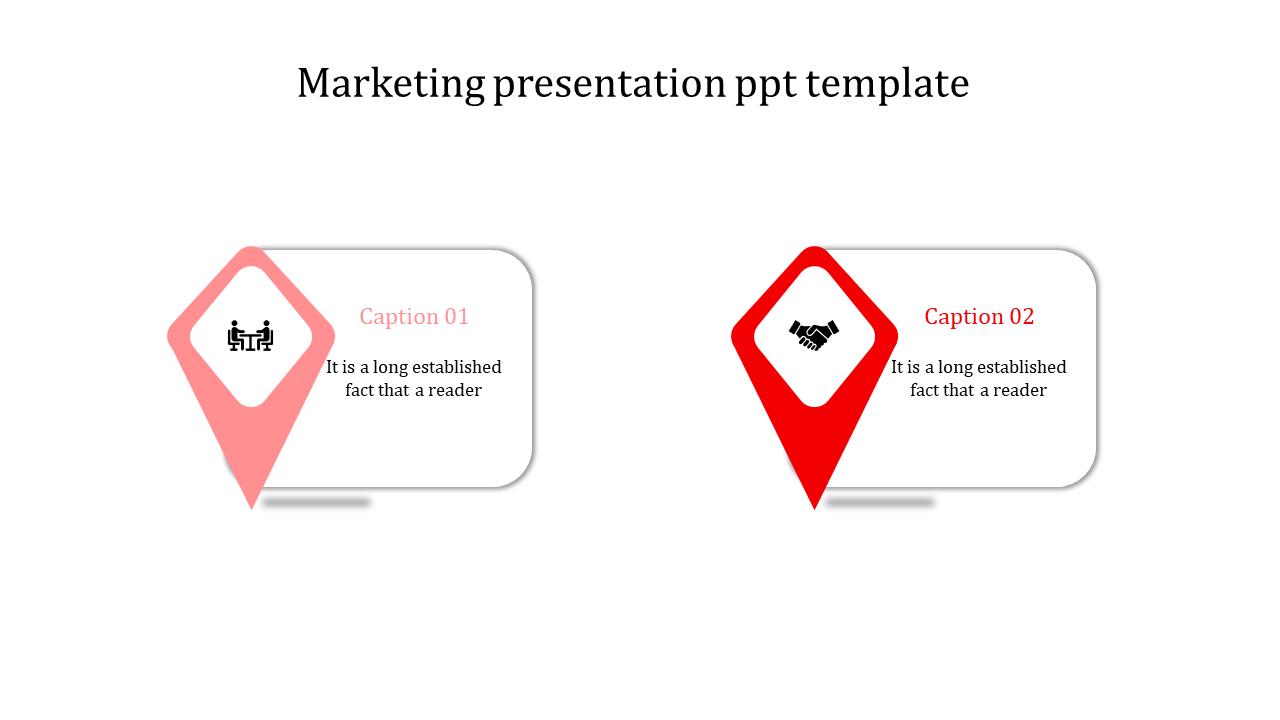 Marketing  template with two red location markers, each connected to a rectangular text box containing an icon and a caption.