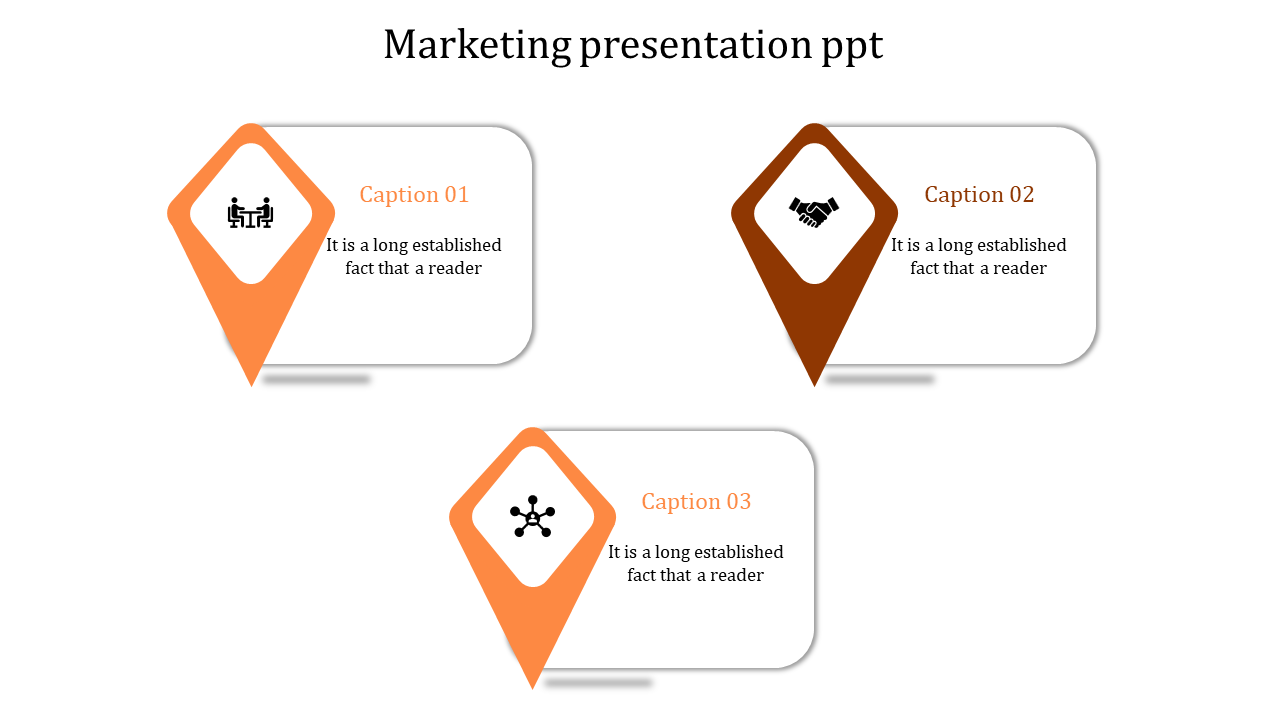 Three diamond shaped orange markers featuring icons and captions, displayed in a triangular layout on a white slide.