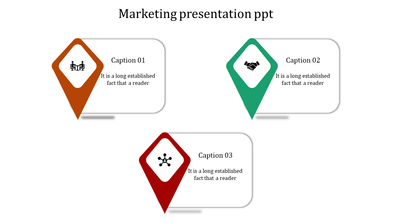 Triangular layout of orange, green, and red diamond markers featuring icons and captions on a white background.