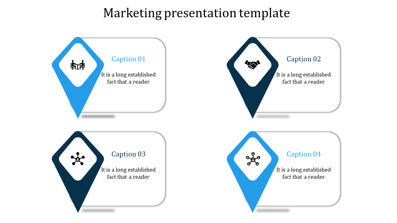 Marketing presentation template with blue diamond icons and captions for business concepts with placeholder text.