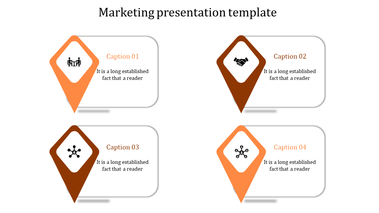 Marketing presentation template with diamond shaped icons and captions in orange and brown tones.