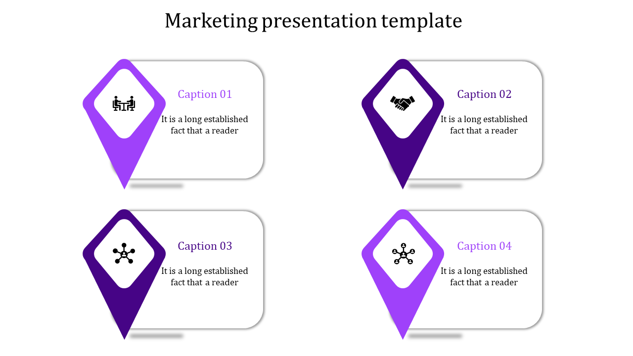 Marketing template with four purple location pin elements, each connected to a text box with business-related icons