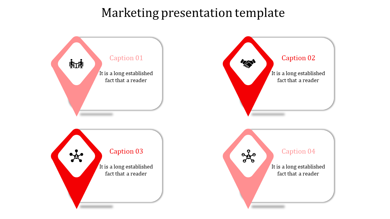 Marketing template with four red and pink pointer shapes, each paired with icons and caption boxes, on a white background.