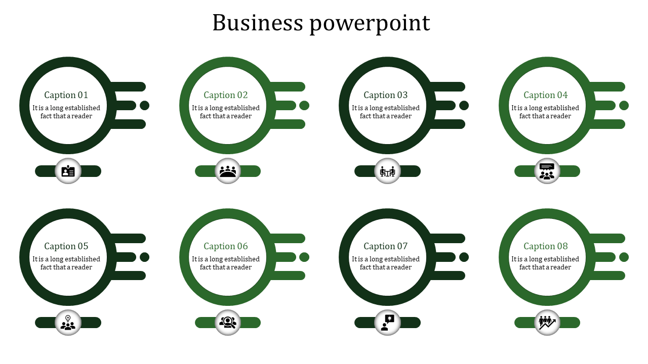 Business PPT slide featuring eight sections with circular icons representing business concepts and captions.