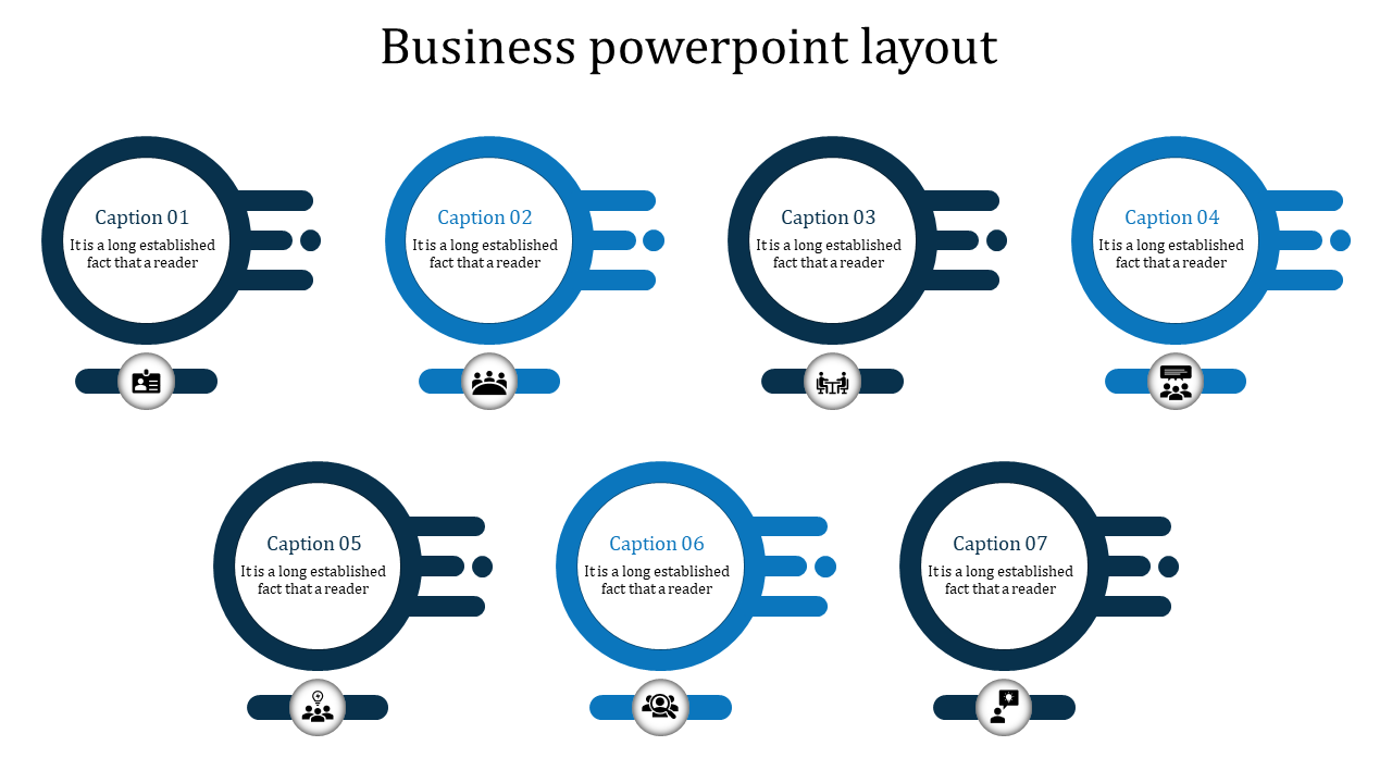 Seven blue and black circular elements with captions and icons, arranged in two rows, representing business steps 