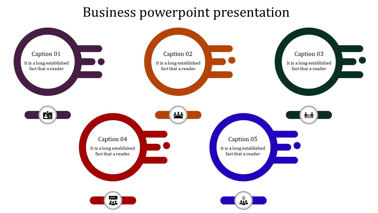 Business PPT slide featuring five colorful circular icons with various business related symbols with captions.