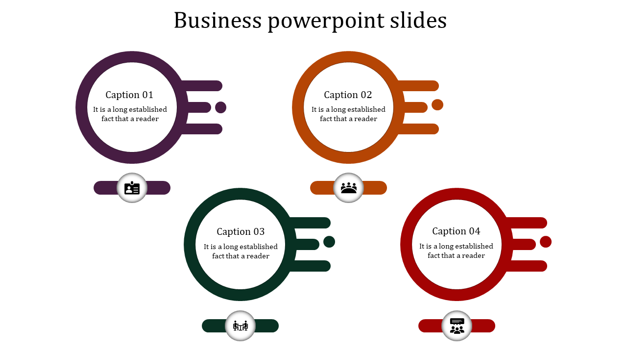 Slide with four colorful circular elements in purple, orange, green, and red, each featuring horizontal streaks and icons.