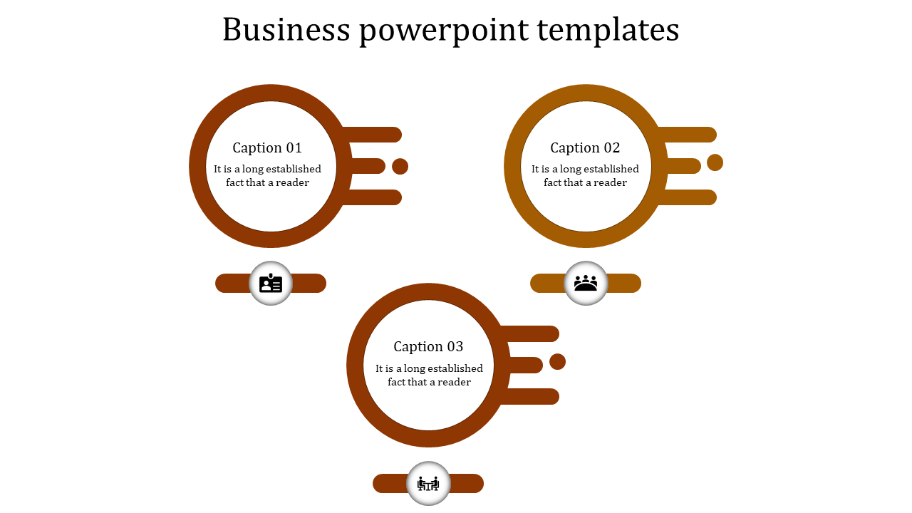 Three orange circular designs with horizontal extensions, each containing a caption and black icons below.