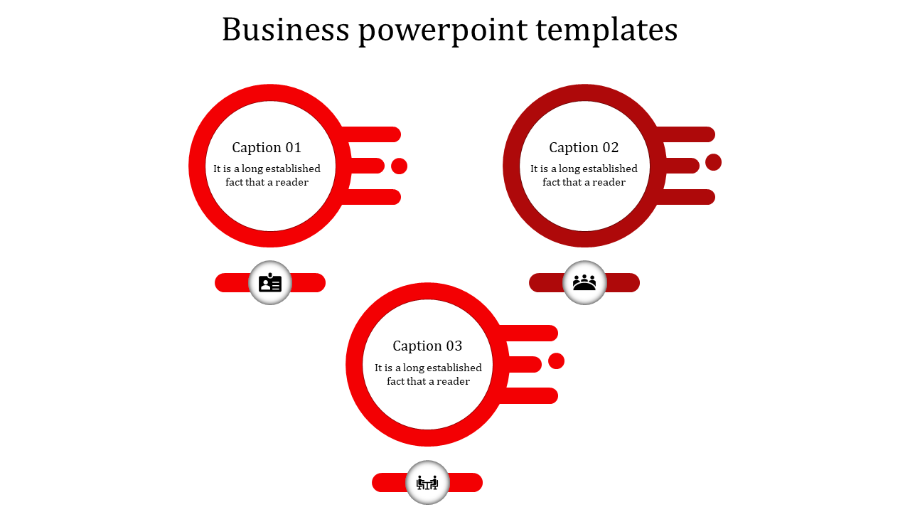 Business slide featuring three dynamic circular placeholders text areas with speed lines and circular icons.