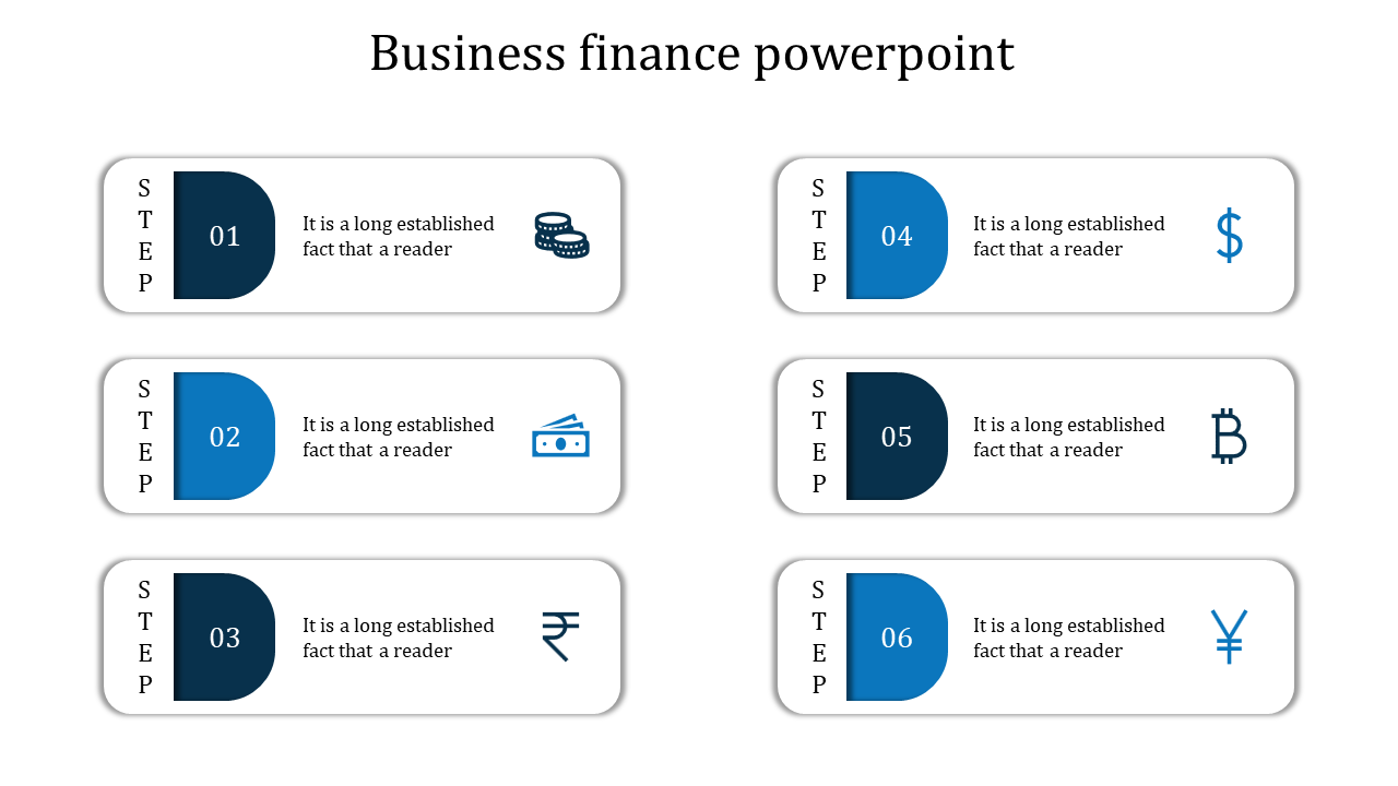 Business finance step diagram with six numbered steps in blue, each containing placeholder text and currency-related icons.