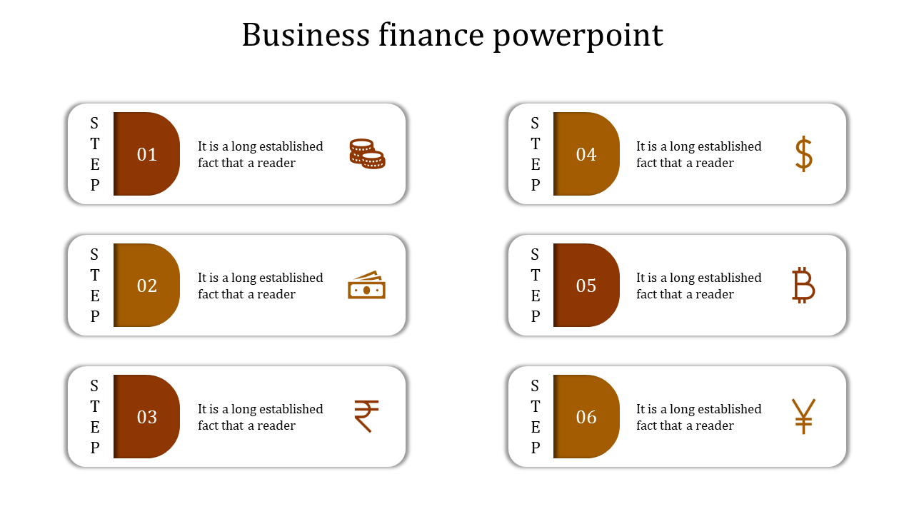 Business finance PowerPoint slide displaying six steps with icons for coins, cash, currency, Bitcoin, and Yen symbols.