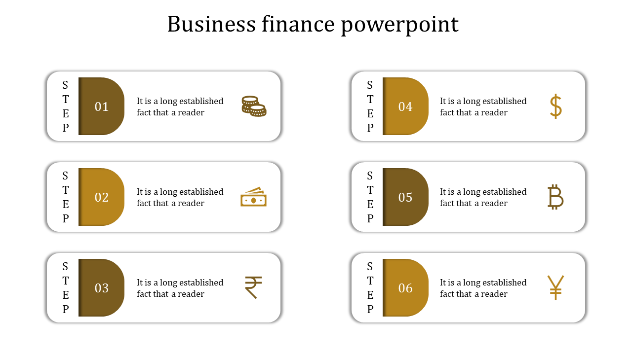 Business finance slide with six steps in rounded rectangles, each with a yellow icon representing different currency symbols.