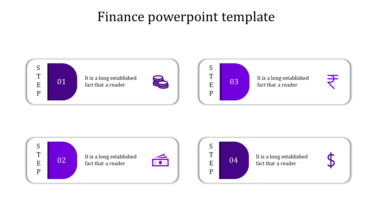 Finance PowerPoint template with four sections, each featuring a number in purple color with icons and placeholder text.