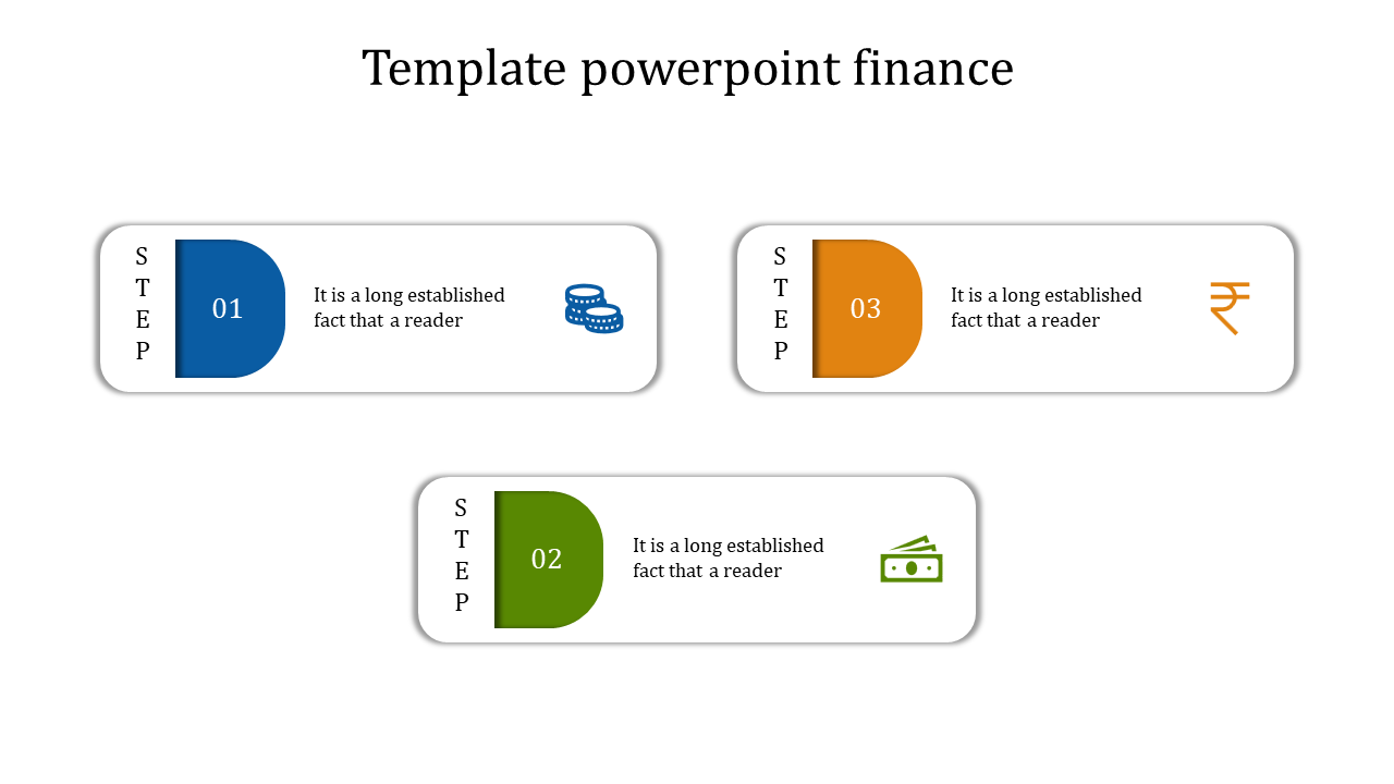 Slide with three rectangles in blue, green, and orange sections, each labeled with step numbers and financial icons.