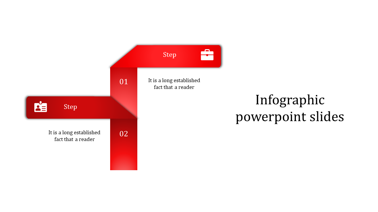 Two step infographic with red gradient banners arranged in an L shape, featuring icons, numbers, and step descriptions.