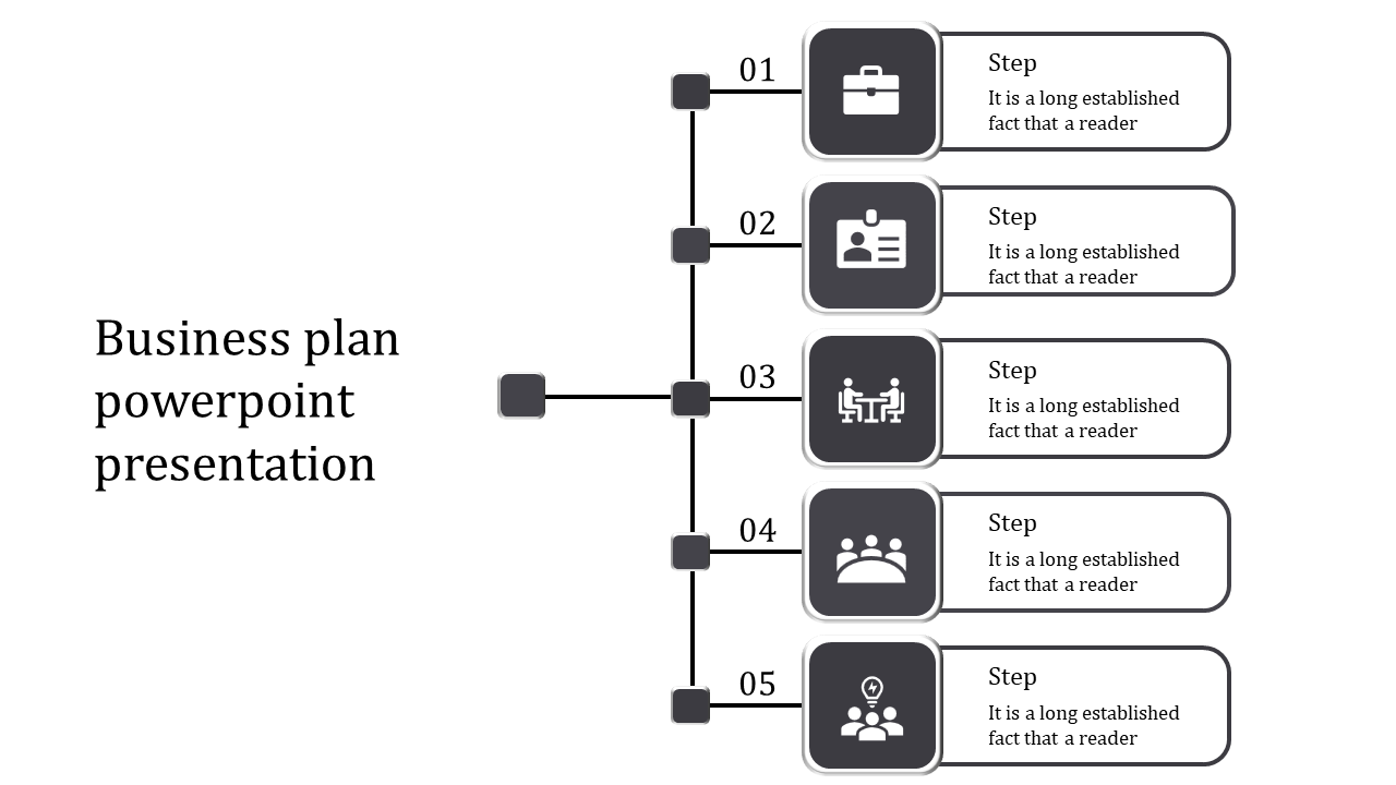 Linear process diagram with five steps, caption areas, black icons, and connected nodes for business planning.