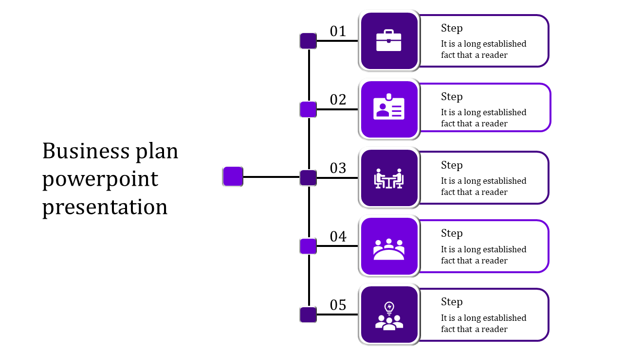 Business strategy infographic, with six interconnected steps, each highlighted with purple icon aligned in a timeline format.