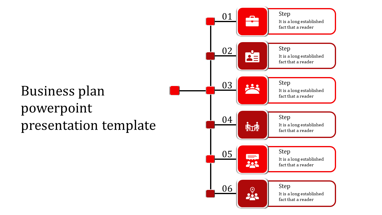 Business plan PPT template with six steps, each illustrated by red icons and placeholder text.