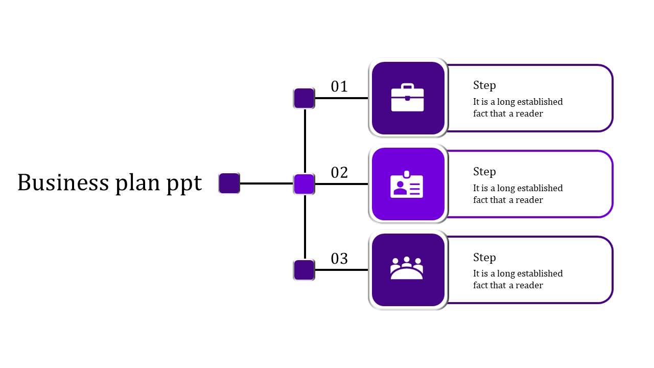 Three-step business plan infographic with purple square icons connected by thin lines, each step containing a icon.