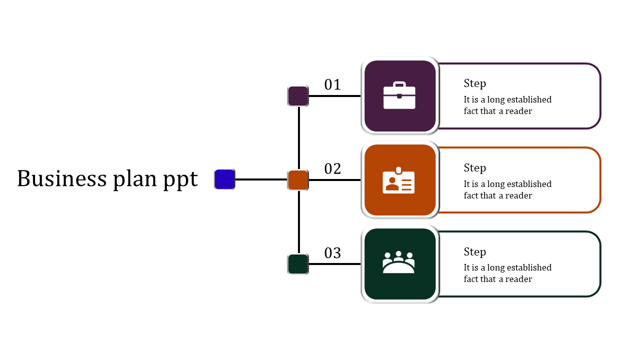 Three step business plan infographic with square icons, each step containing a symbol representing business aspects.