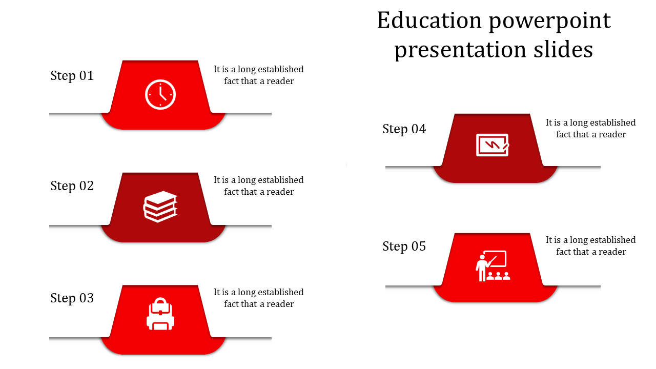 Five-part education concept diagram with red icons and step labels illustrating different phases of academic progression.