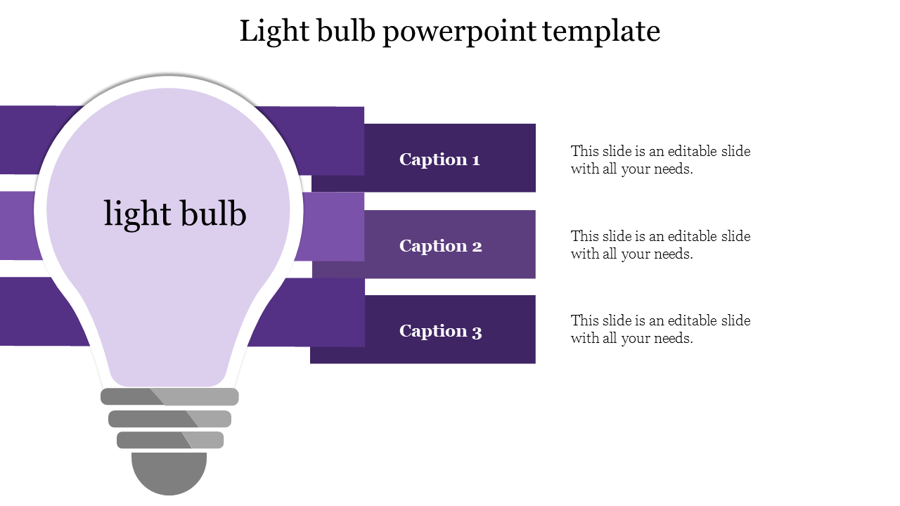 Infographic template featuring a lavender light bulb and three stacked text bars in dark purple with captions.