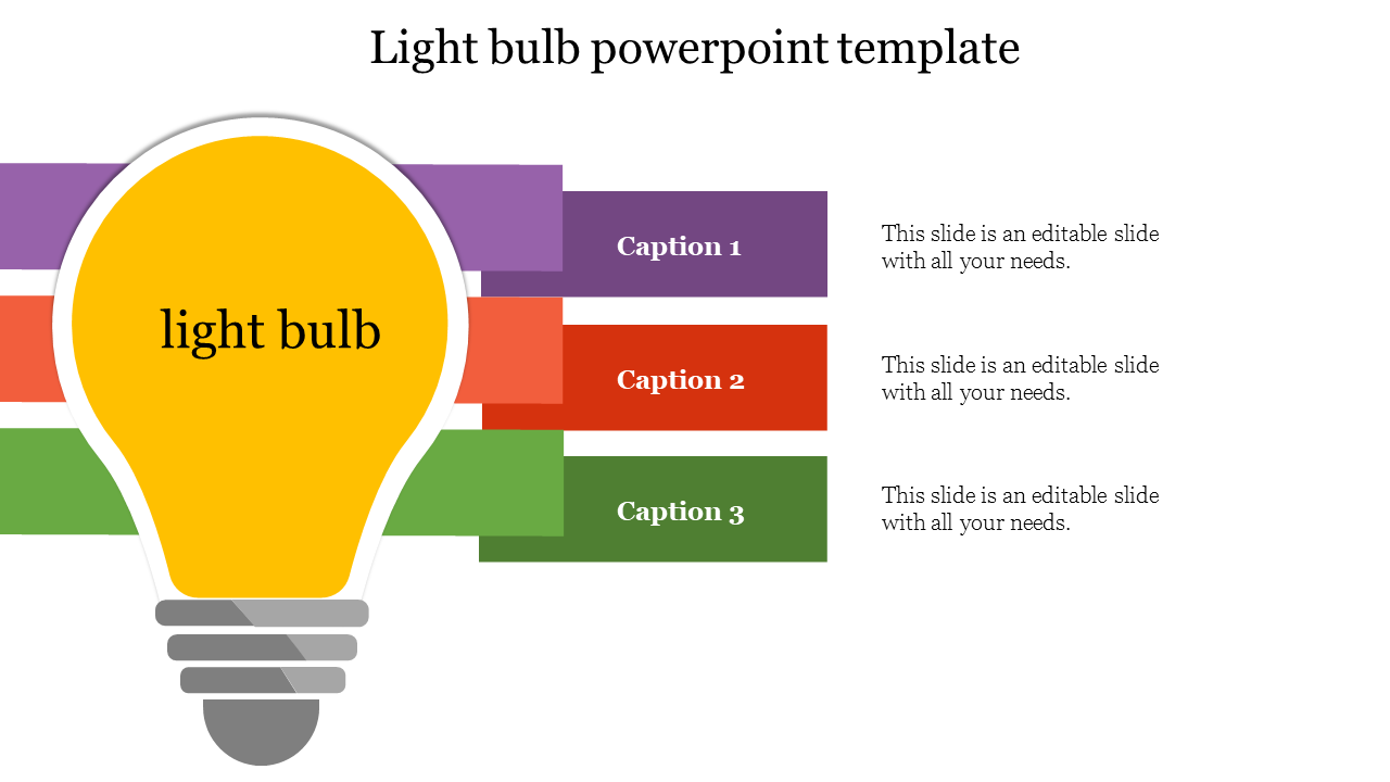 Light bulb infographic with three horizontal captions in purple, red, and green, aligned with editable text.