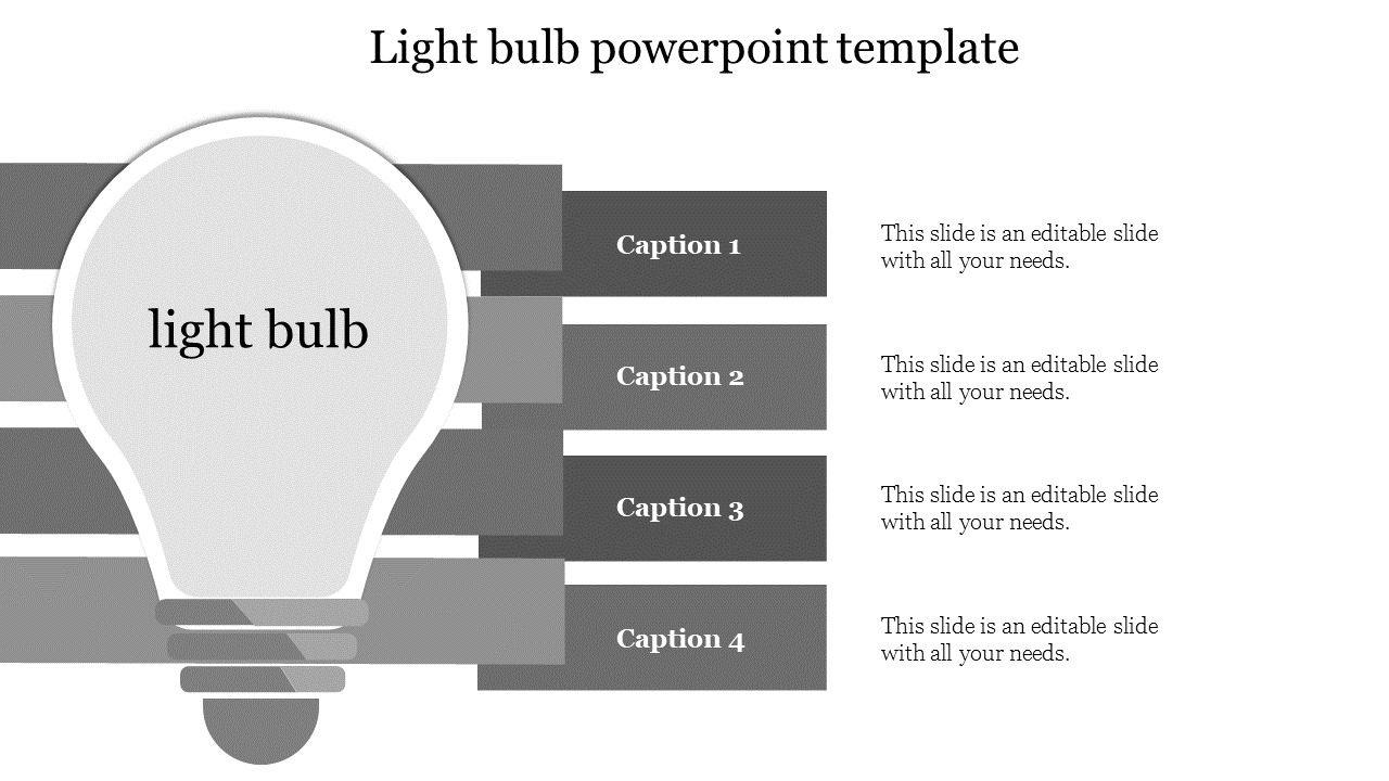 Grayscale light bulb infographic with four horizontal caption bars extending outward, linked to placeholder text.