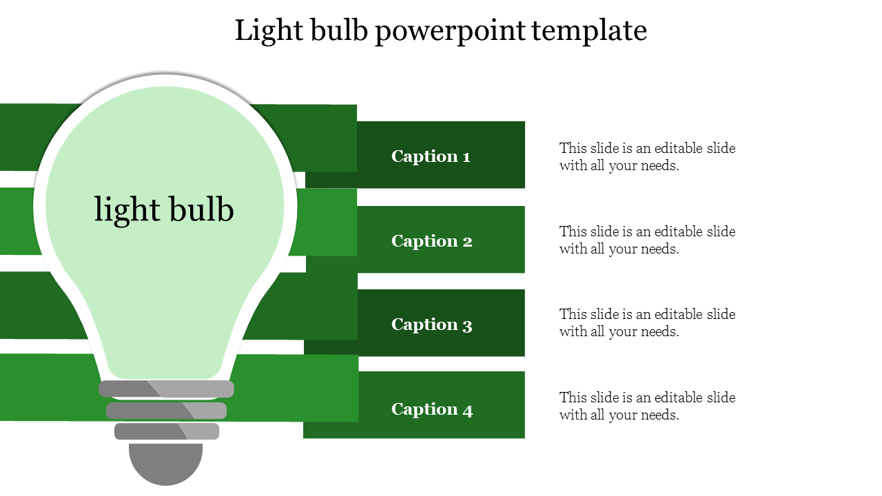 Light bulb PowerPoint template with a central light bulb image surrounded by four green sections, each with captions.