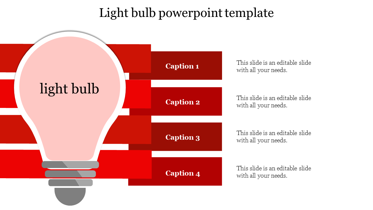 Light bulb graphic on the left side with four red caption boxes stacked vertically on the right, each with placeholder text.