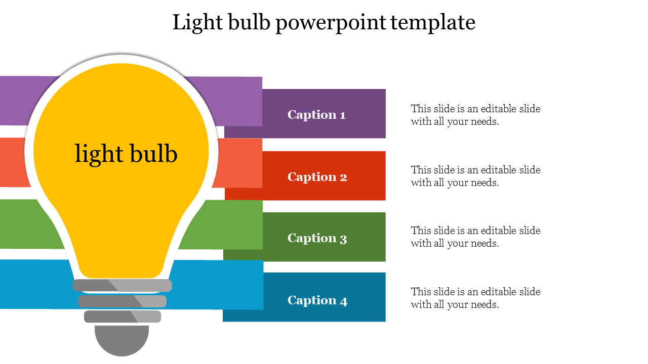 Yellow light bulb illustration with colored captions extending on each side in purple, red, green, and blue.