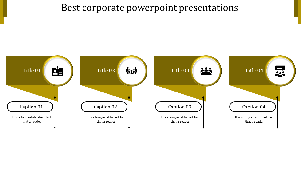 Corporate PPT presentation slide with yellow accents, featuring icons for business roles, meetings, teams, and communication.