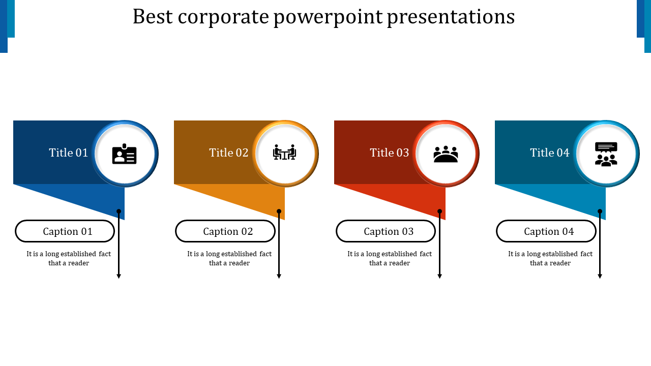 Corporate infographic with colored banners, circular icons, and captions below, representing different business concepts.