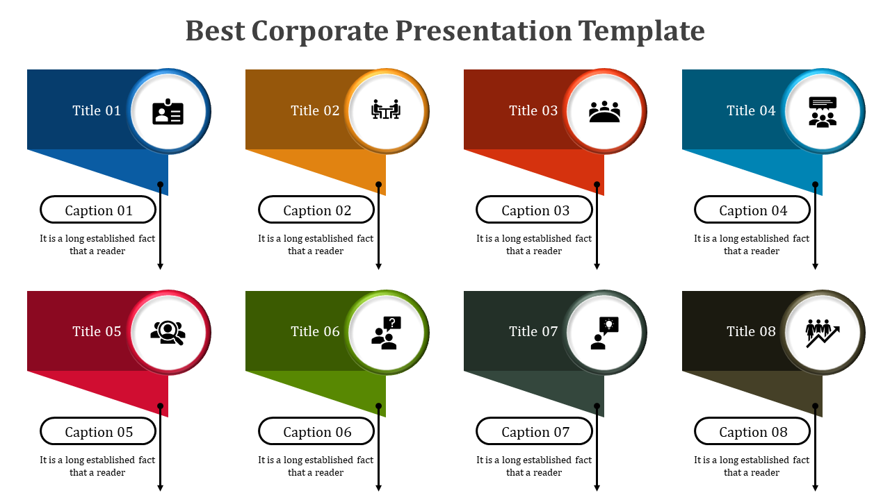 Color coded corporate infographic with eight sequential steps, featuring circular icons, title banners, and captions below.