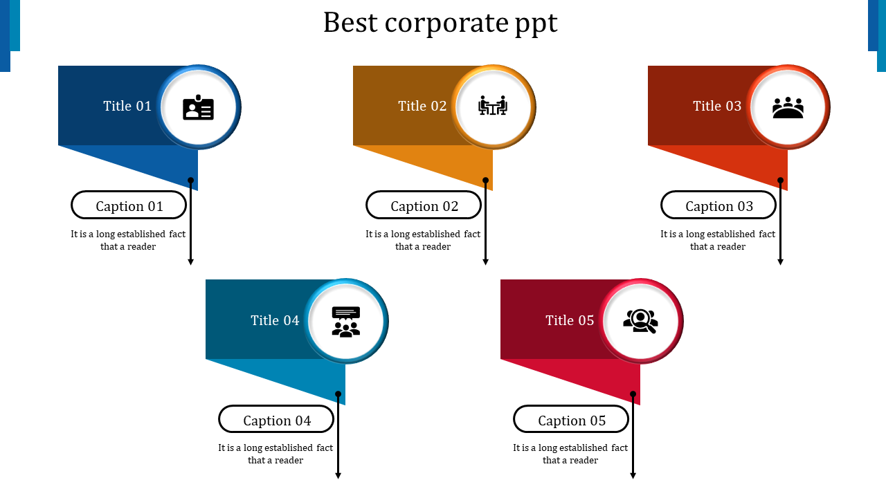 Five-step corporate infographic with color-coded banners, circular icons, and connected captions below.