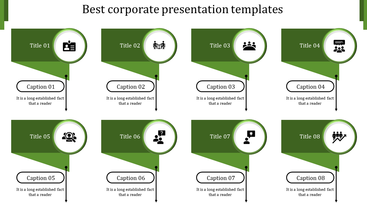 Business themed infographic with eight green horizontal banners, each featuring an icon and a caption connected by arrows.