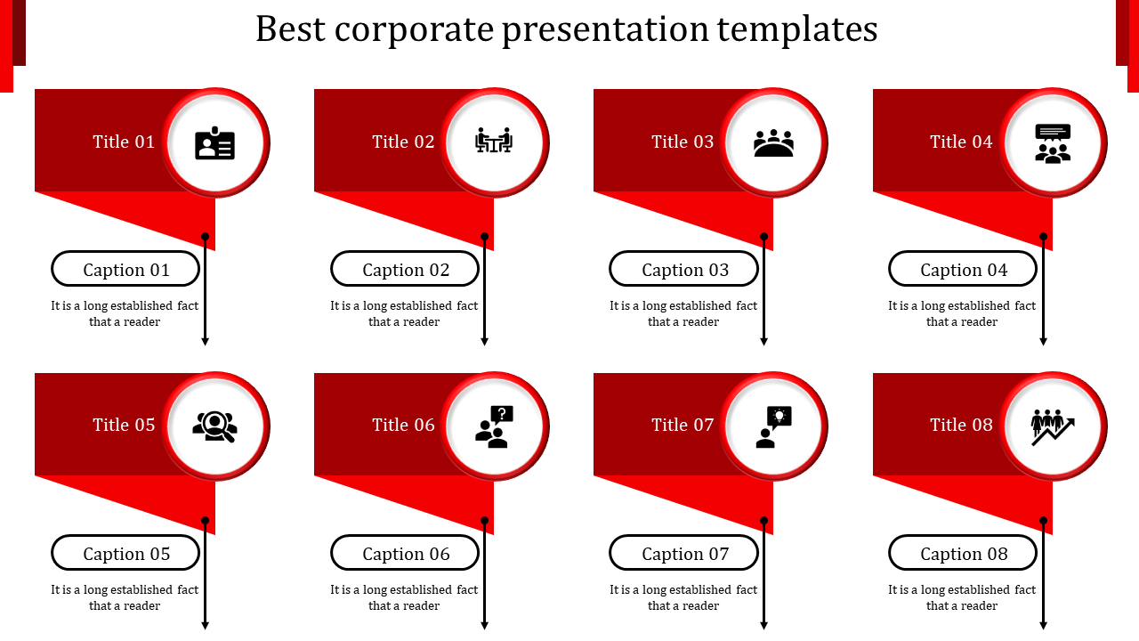 Business process infographic with eight sections, each showing a red banner, circular icon, and caption linked with arrows.