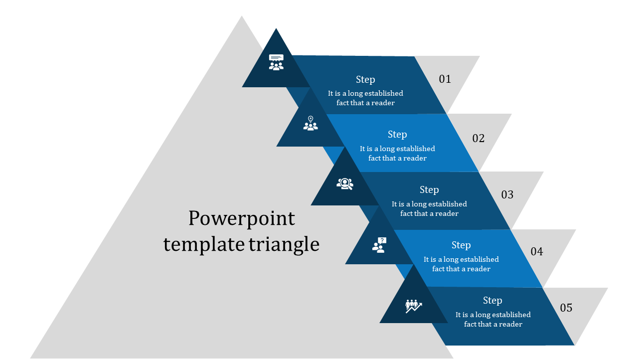 Layered triangle design with five blue segments arranged diagonally, highlighting numbered steps and icons on a gray base.