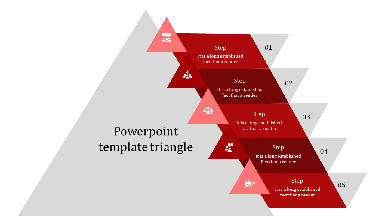 Triangular infographic with five red layers, each featuring step numbers, icons, and placeholder text areas.