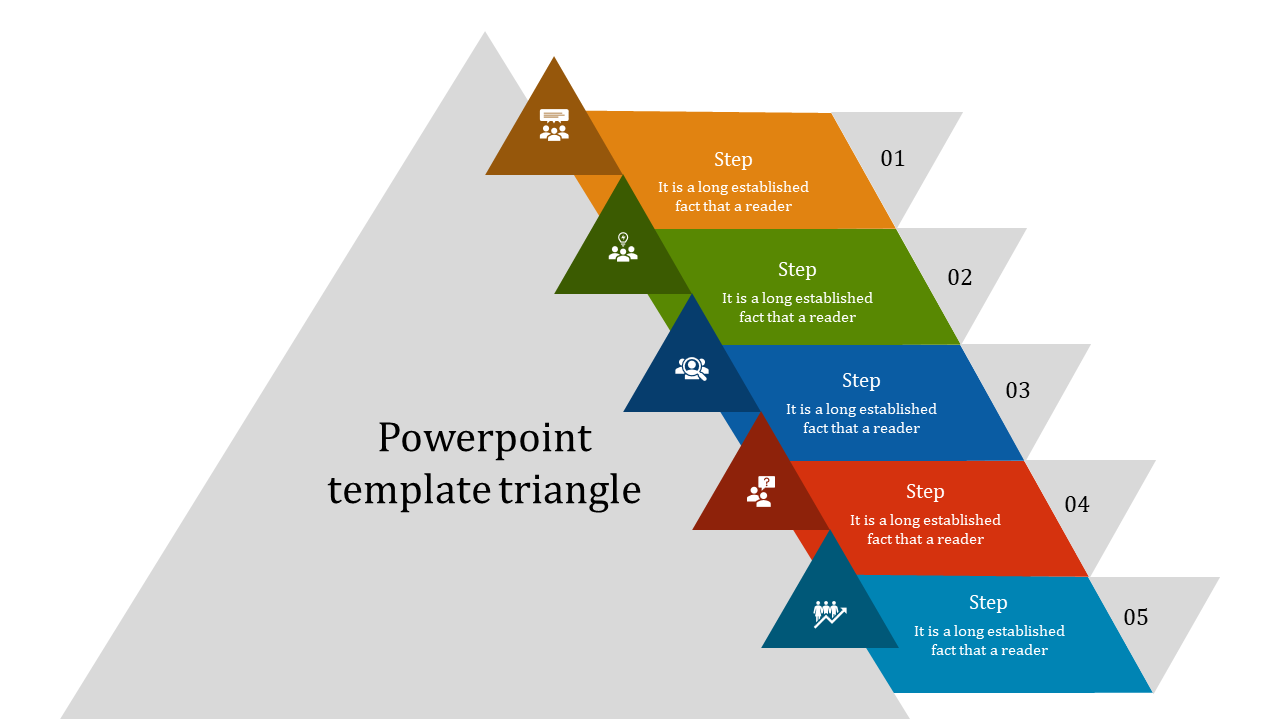 Triangular themed slide with five colored steps in orange, green, blue, red, and teal layered on a gray triangle background.